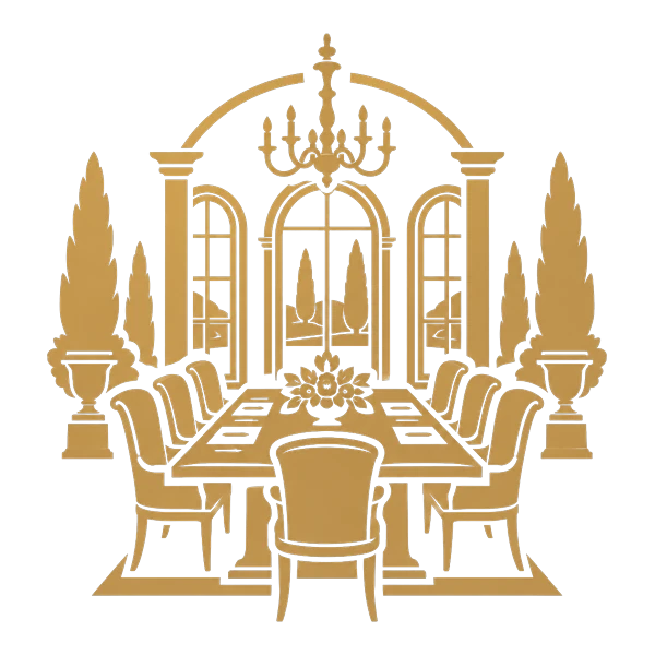 Illustrazione in oro: tavolo riunioni con sedie, meeting riservati in villa Illustrazione in oro: tavolo riunioni con sedie, meeting riservati in villa