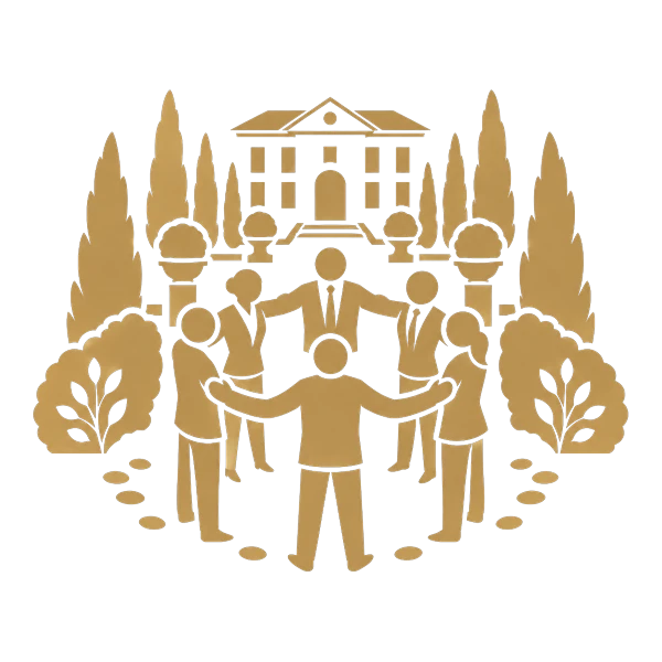 Illustrazione in oro: persone in cerchio nel giardino, team building Illustrazione in oro: persone in cerchio nel giardino, team building