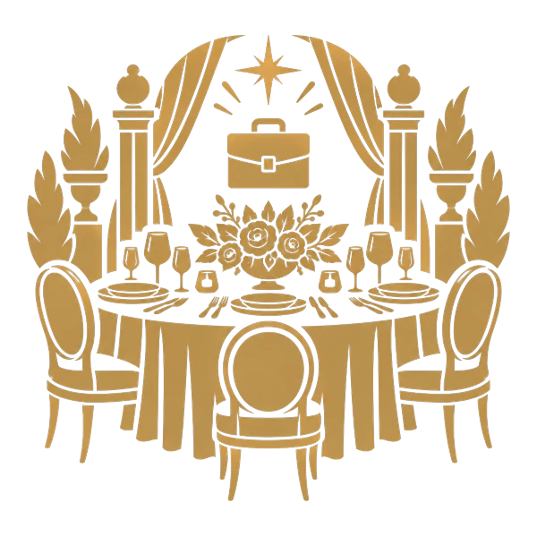 Illustrazione in oro: tavola elegante con calici, cena aziendale Illustrazione in oro: tavola elegante con calici, cena aziendale