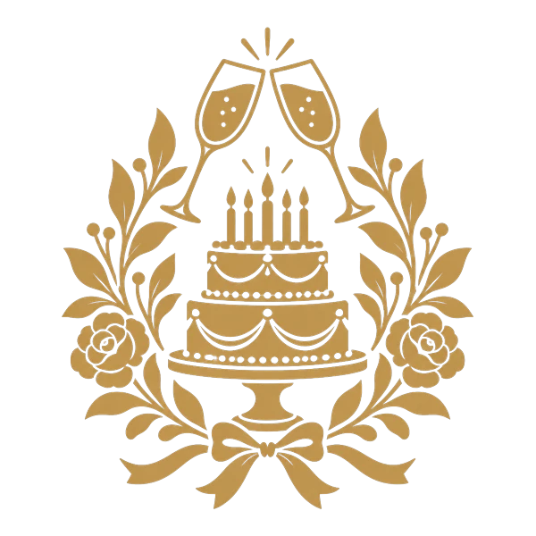 Illustrazione in oro: torta con candeline e calici, il diciottesimo a Villa Dafne Majestic