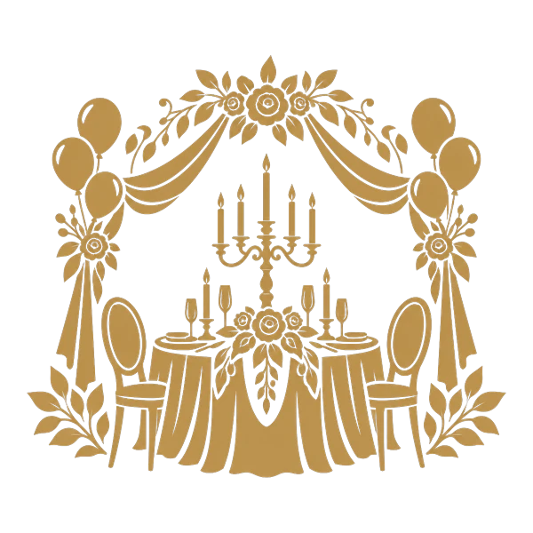 Illustrazione in oro: cena di gala con candelabro, il traguardo festeggiato in villa