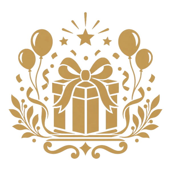 Illustrazione in oro: pacco regalo con fiocco e coriandoli, la festa a sorpresa