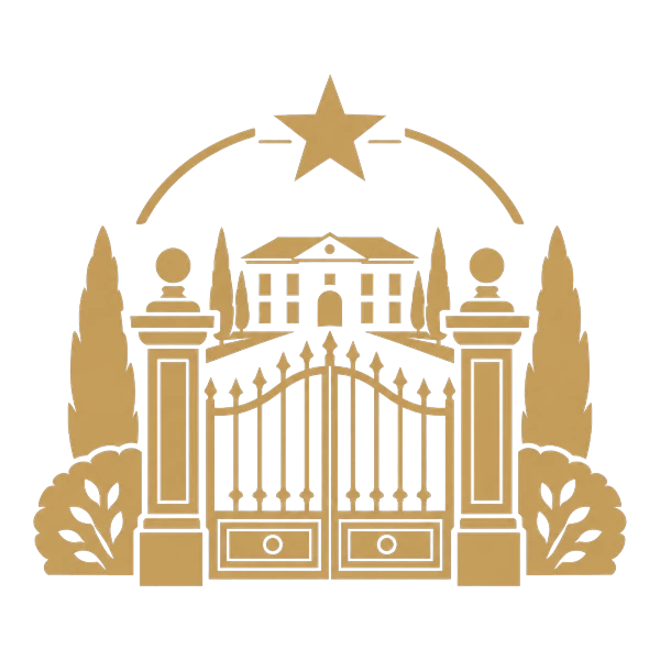 Illustrazione in oro dell'uso esclusivo della villa: cancello con la villa e una stella Illustrazione in oro dell'uso esclusivo della villa: cancello con la villa e una stella