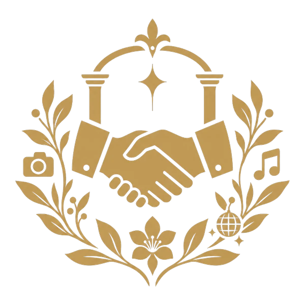 Illustrazione in oro dei fornitori selezionati: stretta di mano tra fiori, macchina fotografica e note musicali Illustrazione in oro dei fornitori selezionati: stretta di mano tra fiori, macchina fotografica e note musicali