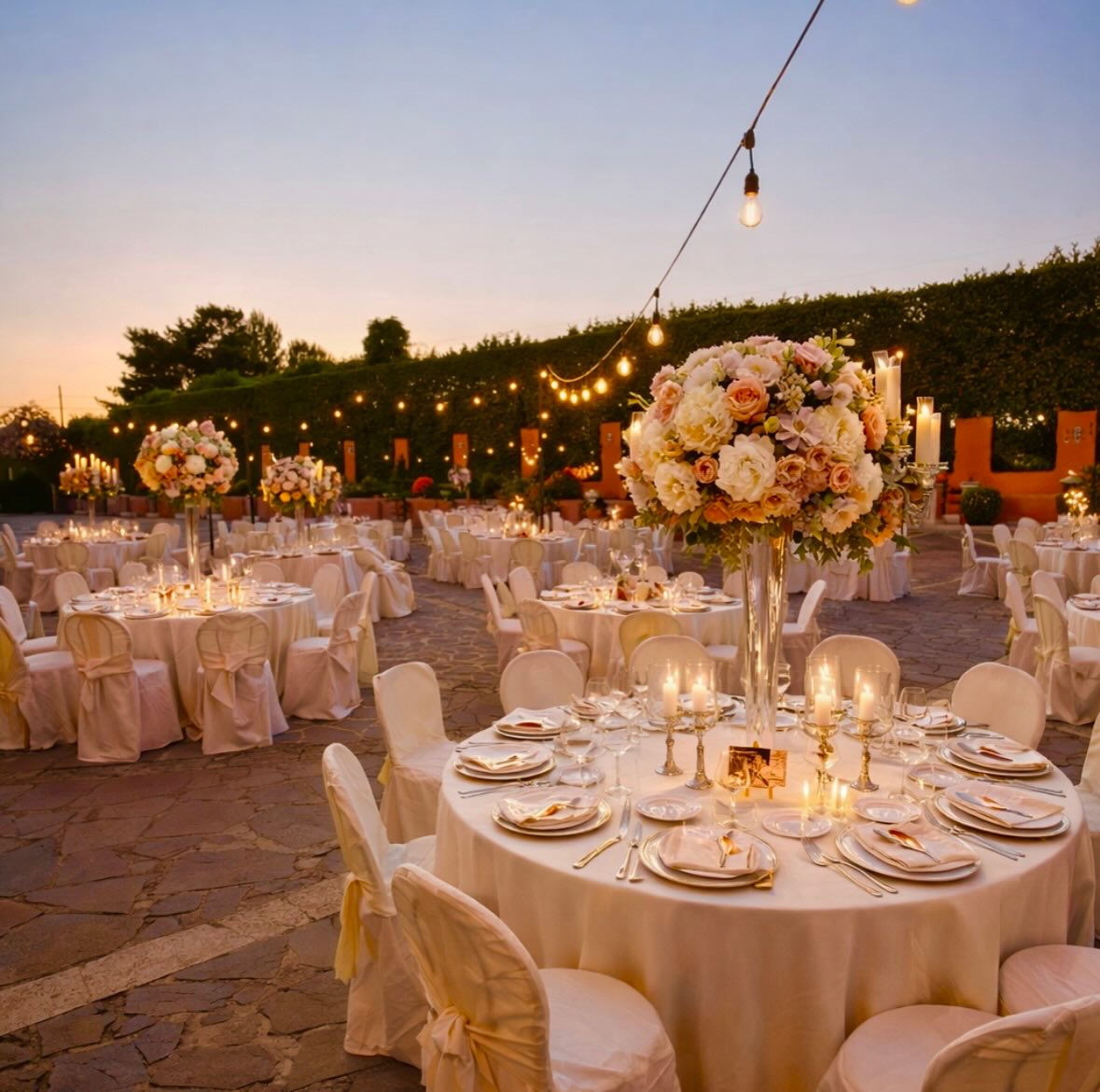 Tavoli rotondi nel giardino di Villa Dafne Majestic al tramonto