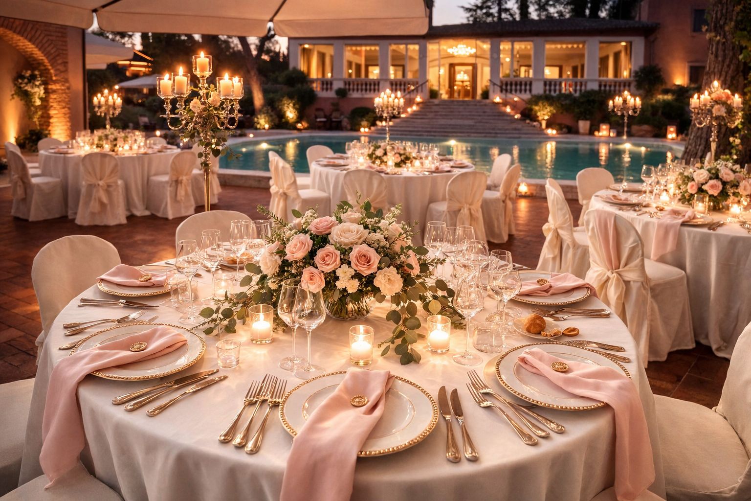 Villa Dafne Majestic al tramonto: la piscina, i tavoli apparecchiati con rose e candele e la facciata illuminata