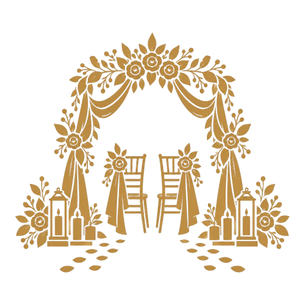 Illustrazione in oro: arco floreale con sedie, la cerimonia nei giardini Illustrazione in oro: arco floreale con sedie, la cerimonia nei giardini