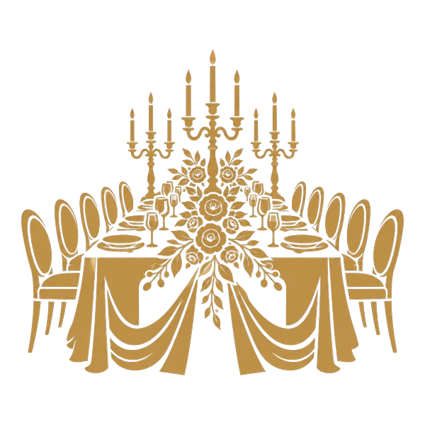 Illustrazione in oro: tavolo imperiale con candelabri, la cena Illustrazione in oro: tavolo imperiale con candelabri, la cena