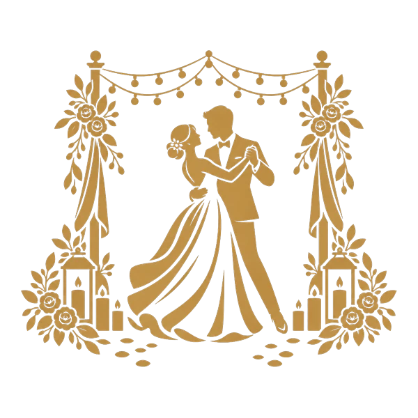 Illustrazione in oro: coppia che balla sotto le luci, la festa Illustrazione in oro: coppia che balla sotto le luci, la festa