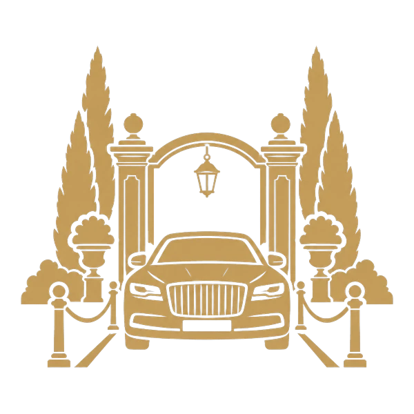 Illustrazione in oro del parcheggio riservato: auto all'ingresso della villa tra i cipressi Illustrazione in oro del parcheggio riservato: auto all'ingresso della villa tra i cipressi