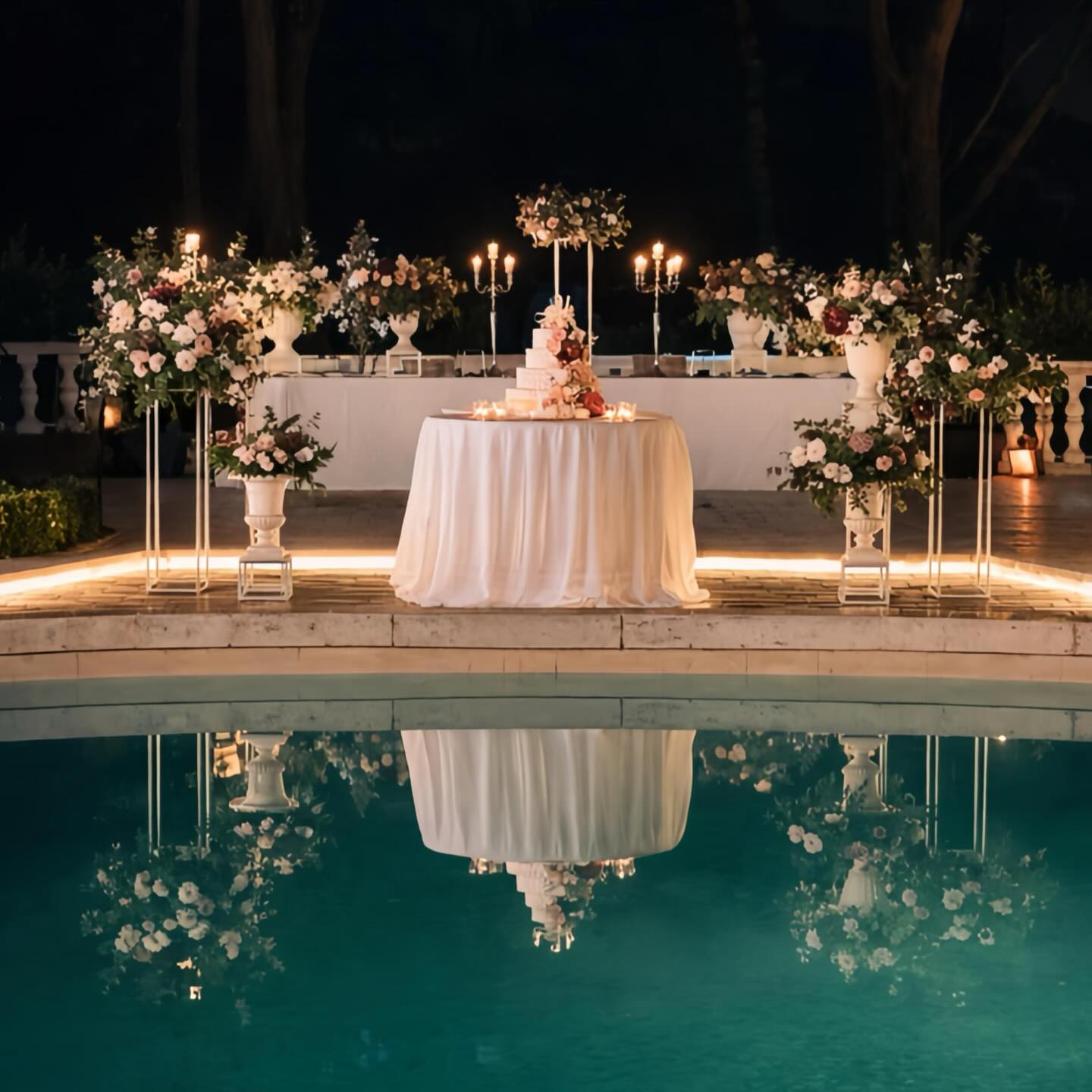 La piscina di Villa Dafne Majestic di notte, con la villa illuminata riflessa nell'acqua