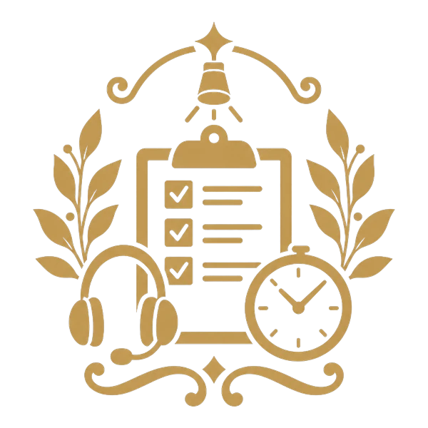 Illustrazione in oro della regia dell'evento: lista di controllo, cuffie e orologio Illustrazione in oro della regia dell'evento: lista di controllo, cuffie e orologio