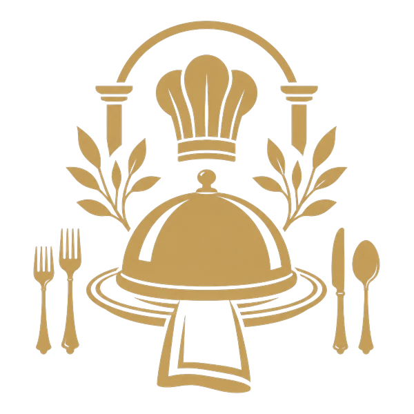 Illustrazione in oro della ristorazione interna di Villa Dafne Majestic: cloche, posate e cappello da chef Illustrazione in oro della ristorazione interna di Villa Dafne Majestic: cloche, posate e cappello da chef