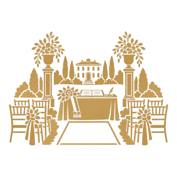 Illustrazione in oro del rito civile nei giardini di Villa Dafne Majestic: tavolo con il registro, sedute e la villa sullo sfondo