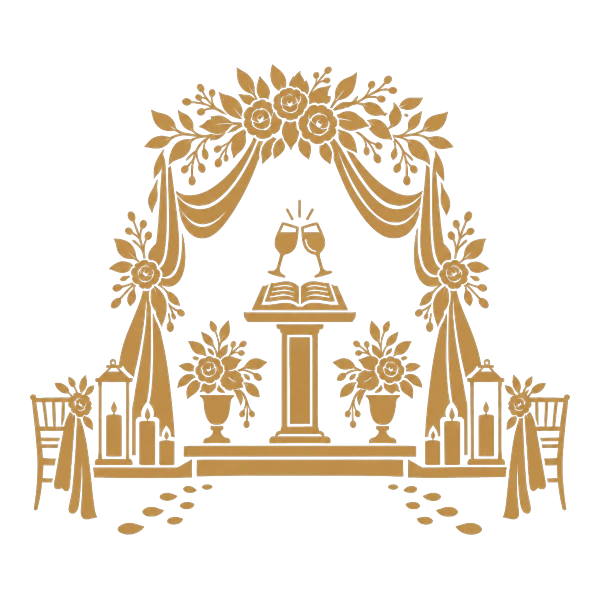 Illustrazione in oro del rito simbolico: arco floreale, leggio, calici e lanterne