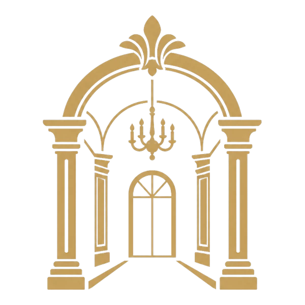 Illustrazione in oro dei saloni storici di Villa Dafne Majestic: arcate, colonne e lampadario Illustrazione in oro dei saloni storici di Villa Dafne Majestic: arcate, colonne e lampadario