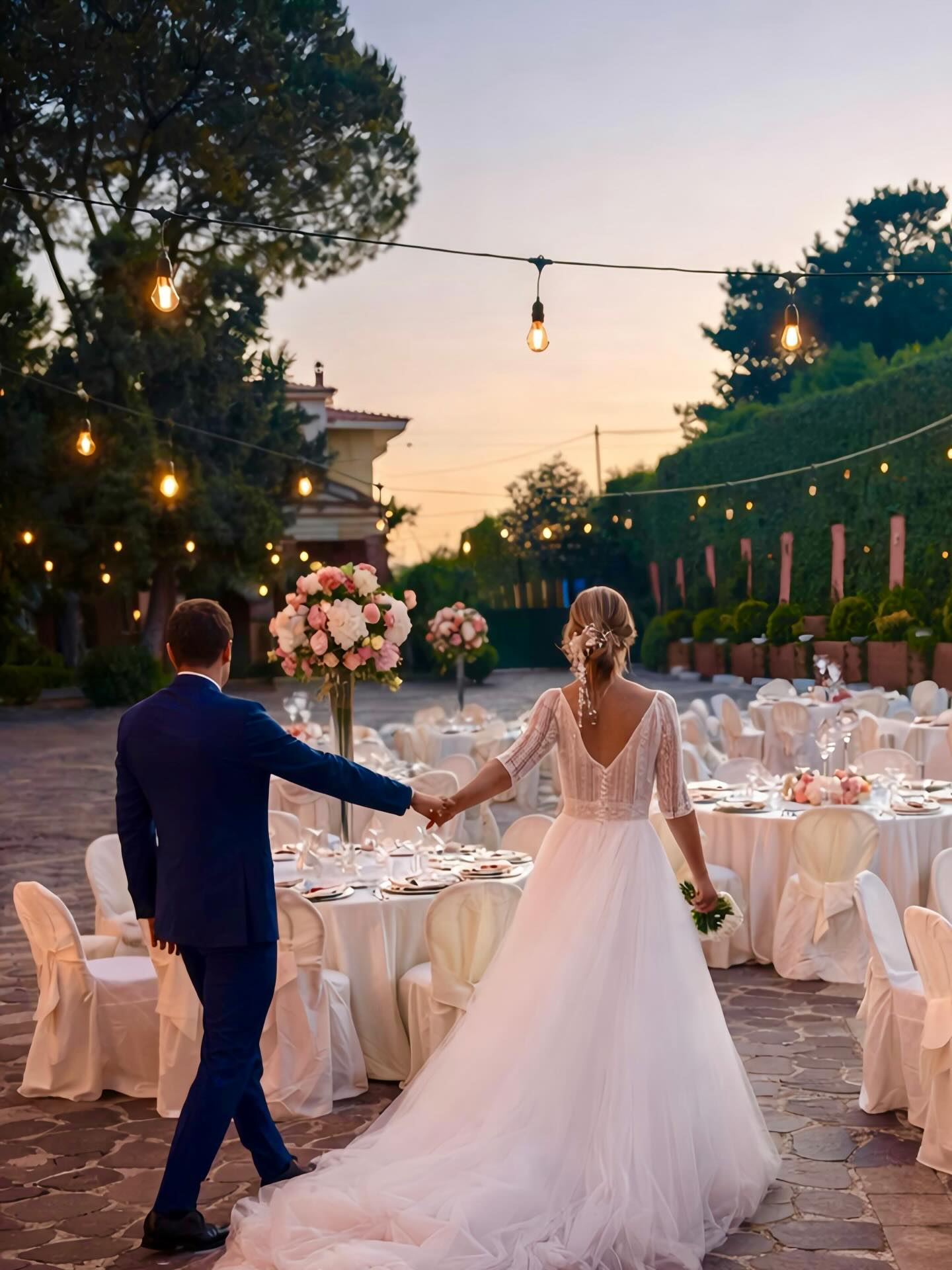 Gli sposi mano nella mano nei giardini di Villa Dafne Majestic al tramonto Gli sposi mano nella mano nei giardini di Villa Dafne Majestic al tramonto