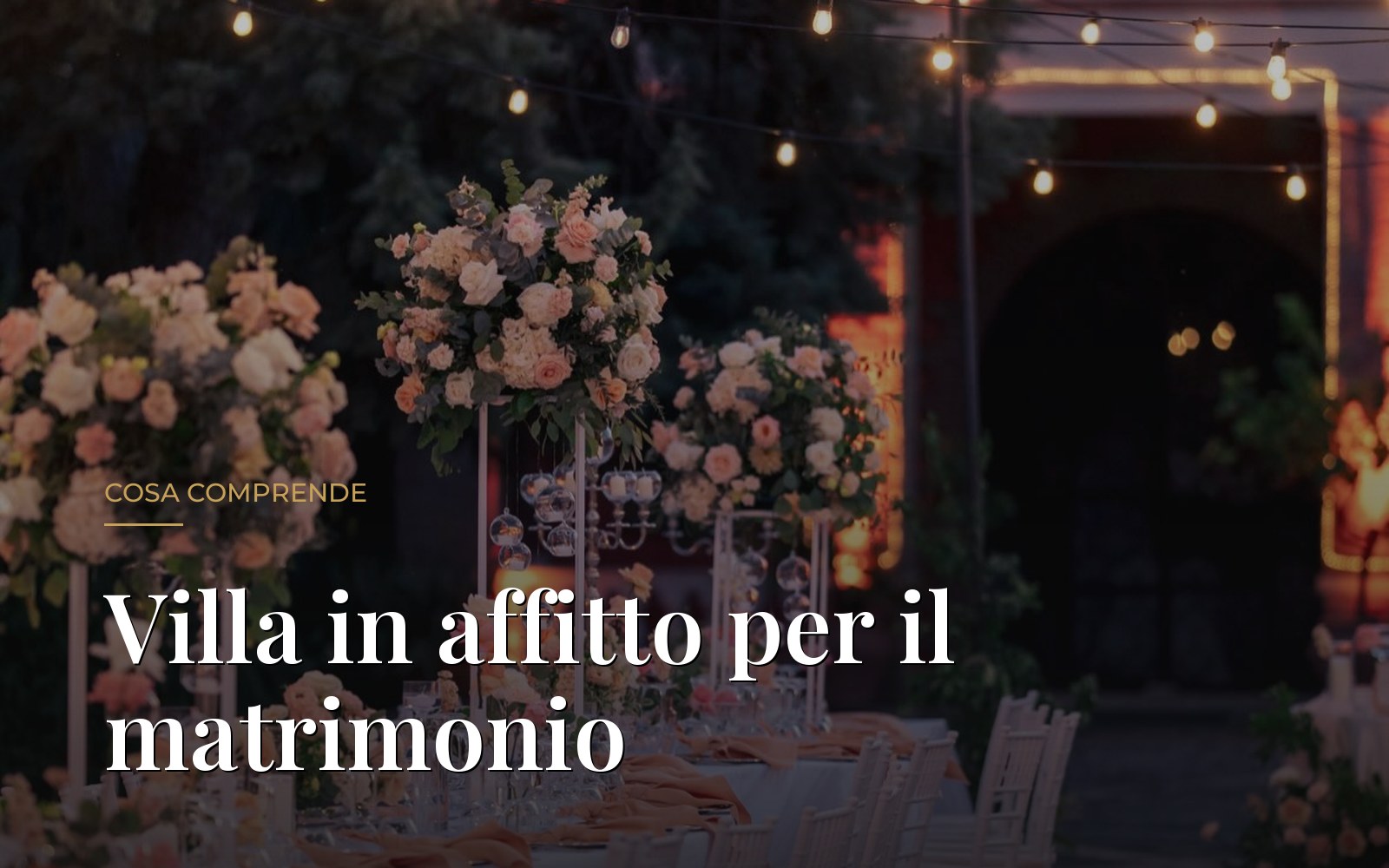 Villa in affitto per matrimonio a Roma: tavolo imperiale allestito con fiori e luci a Villa Dafne Majestic, Roma Nord